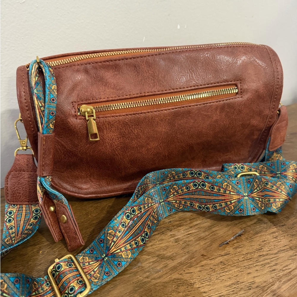Brown Crossbody Bag with Peacock Patterned Strap New